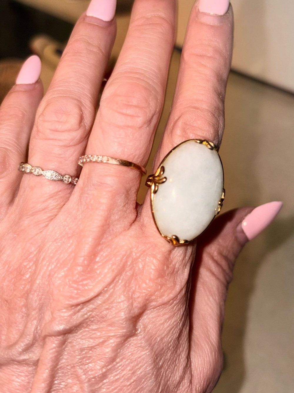Gold Ring with Large White Oval Stone - Picture 2 of 6